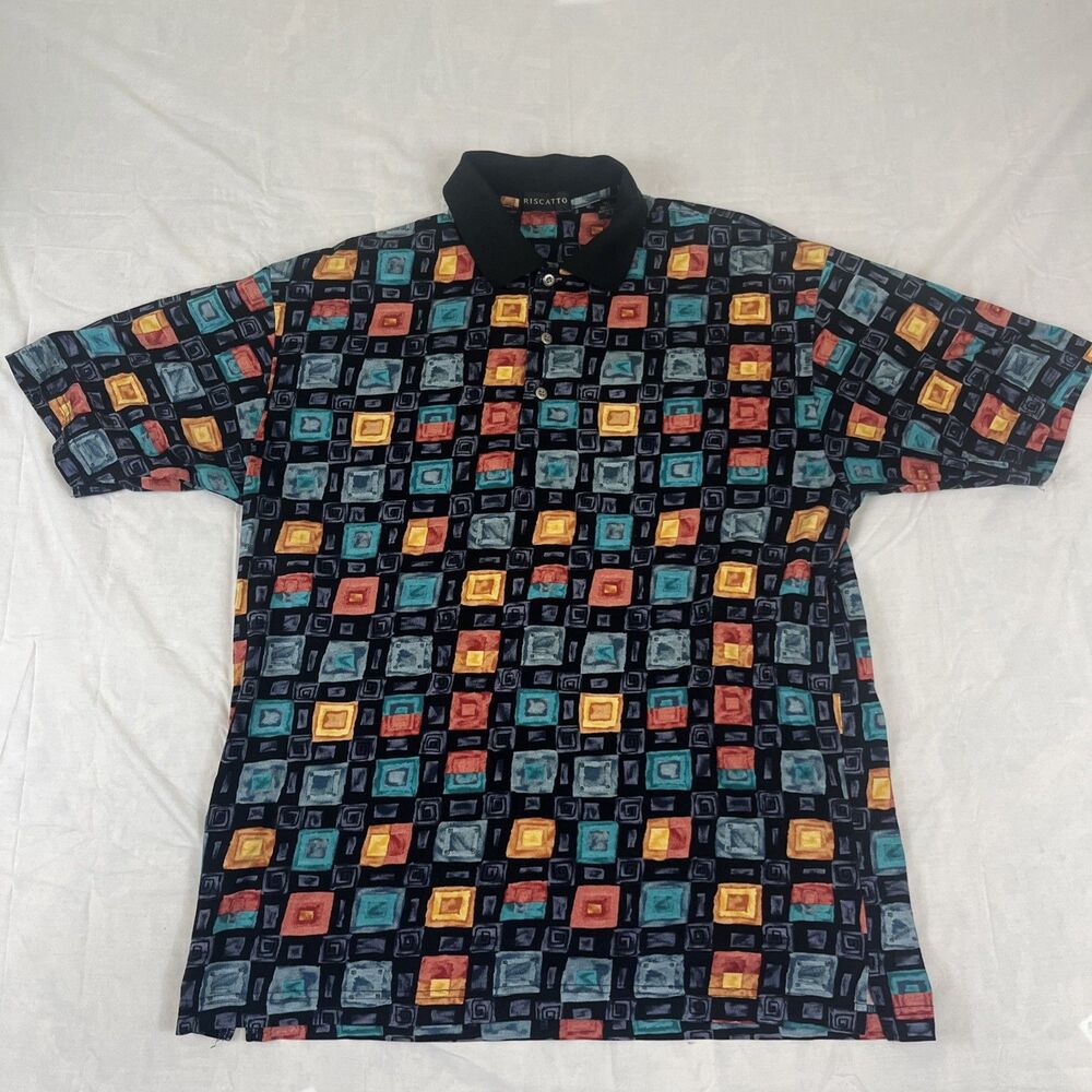 VTG Riscatto Mens L Geometric Print Short Sleeve Polo Shirt 100% Cotton